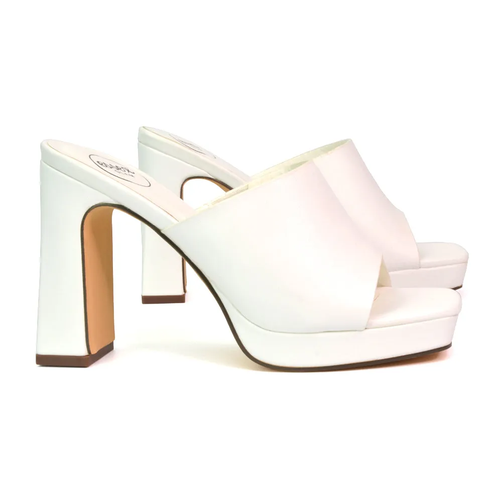 Presley Square Toe Strappy Platform Block High Heel Mule Sandals in White