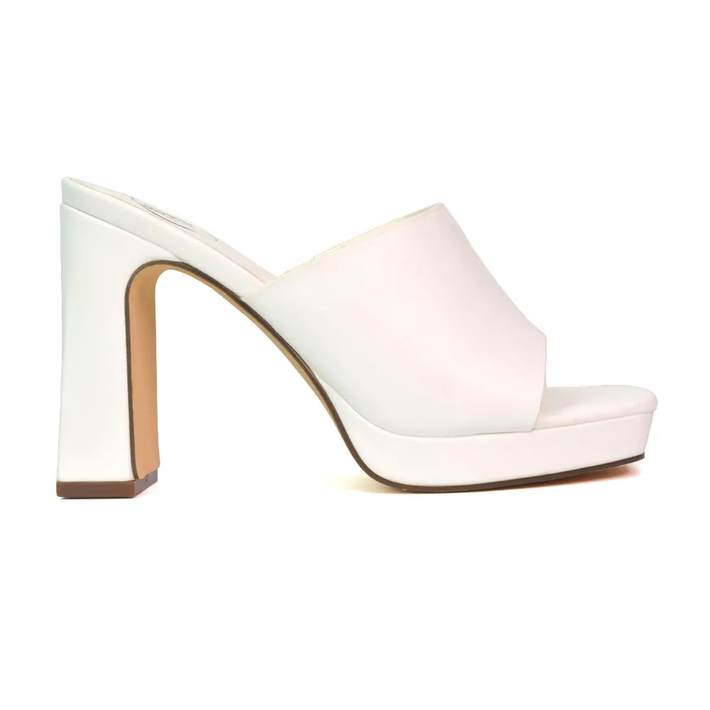 Presley Square Toe Strappy Platform Block High Heel Mule Sandals in White