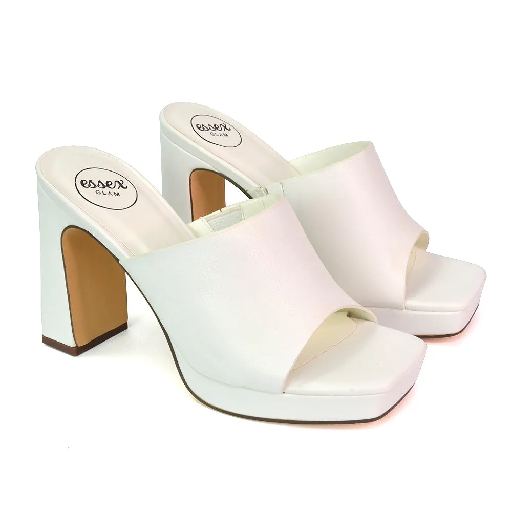 Presley Square Toe Strappy Platform Block High Heel Mule Sandals in White