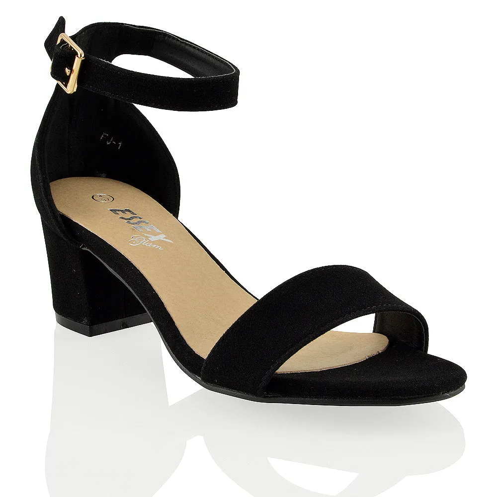 RITA BUCKLE UP ANKLE STRAP LOW MID-BLOCK HIGH HEEL SANDALS IN BLACK FAUX SUEDE