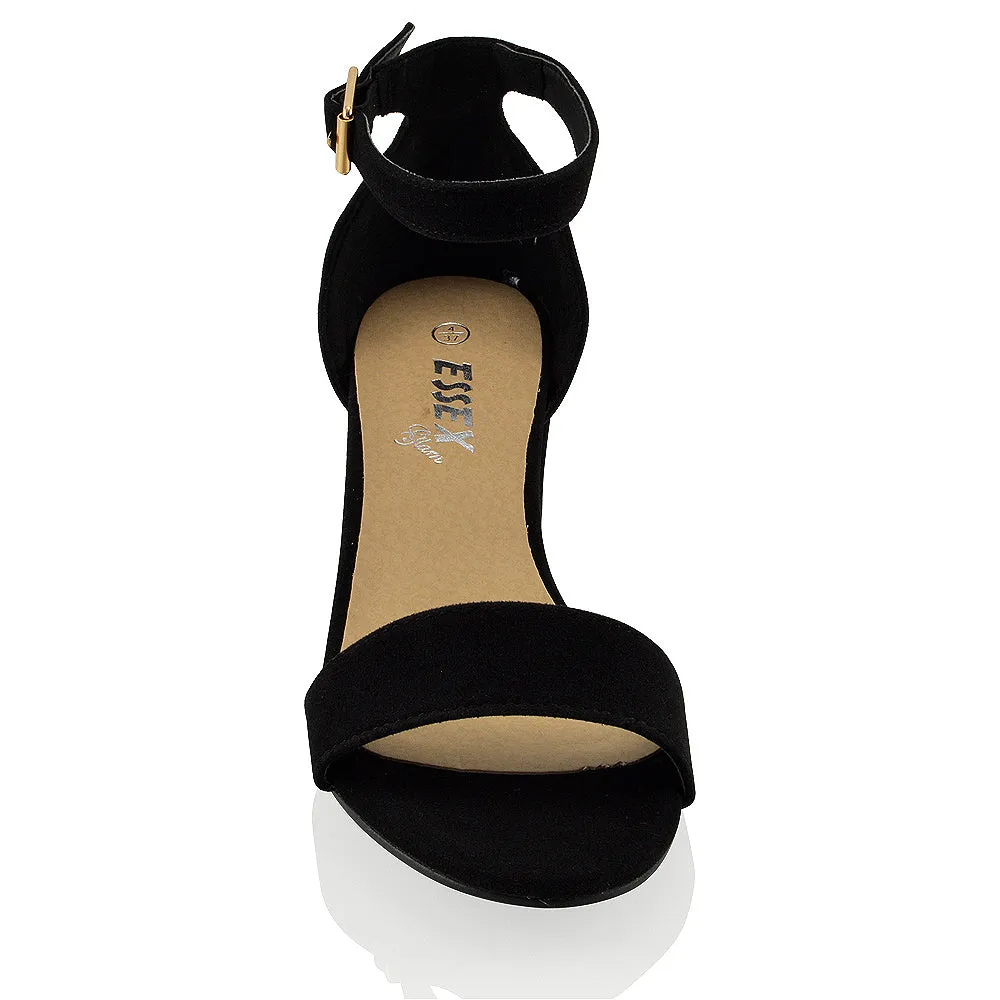 RITA BUCKLE UP ANKLE STRAP LOW MID-BLOCK HIGH HEEL SANDALS IN BLACK FAUX SUEDE