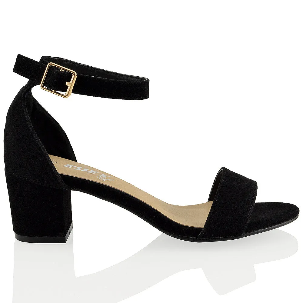 RITA BUCKLE UP ANKLE STRAP LOW MID-BLOCK HIGH HEEL SANDALS IN BLACK FAUX SUEDE