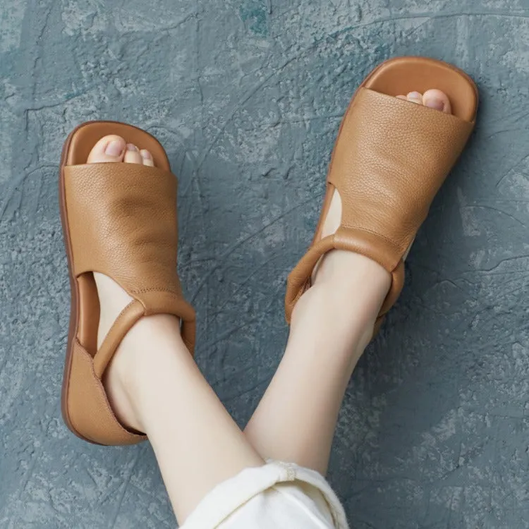 Summer Cowhide Handmade Velcro Open Toe Sandals Flat Shoes