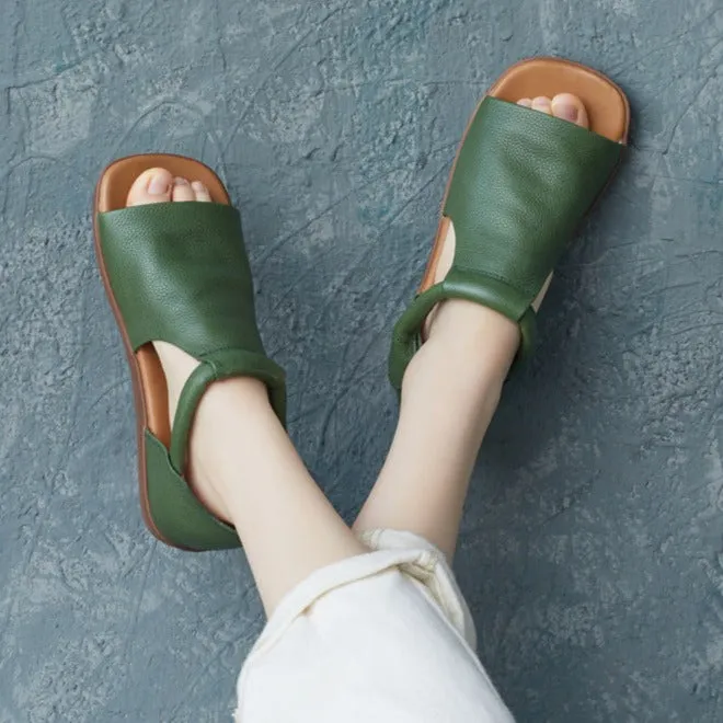 Summer Cowhide Handmade Velcro Open Toe Sandals Flat Shoes