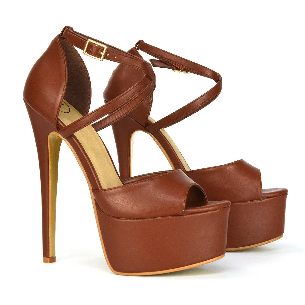 Suzanna Cross Over Strappy Platform Stiletto Peep Toe Super High Heels Sandals in Brown Synthetic Leather