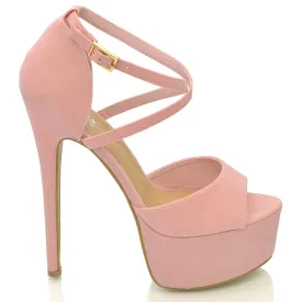 Suzanna Cross Over Strappy Platform Stiletto Peep Toe Super High Heels Sandals in Pastel Pink