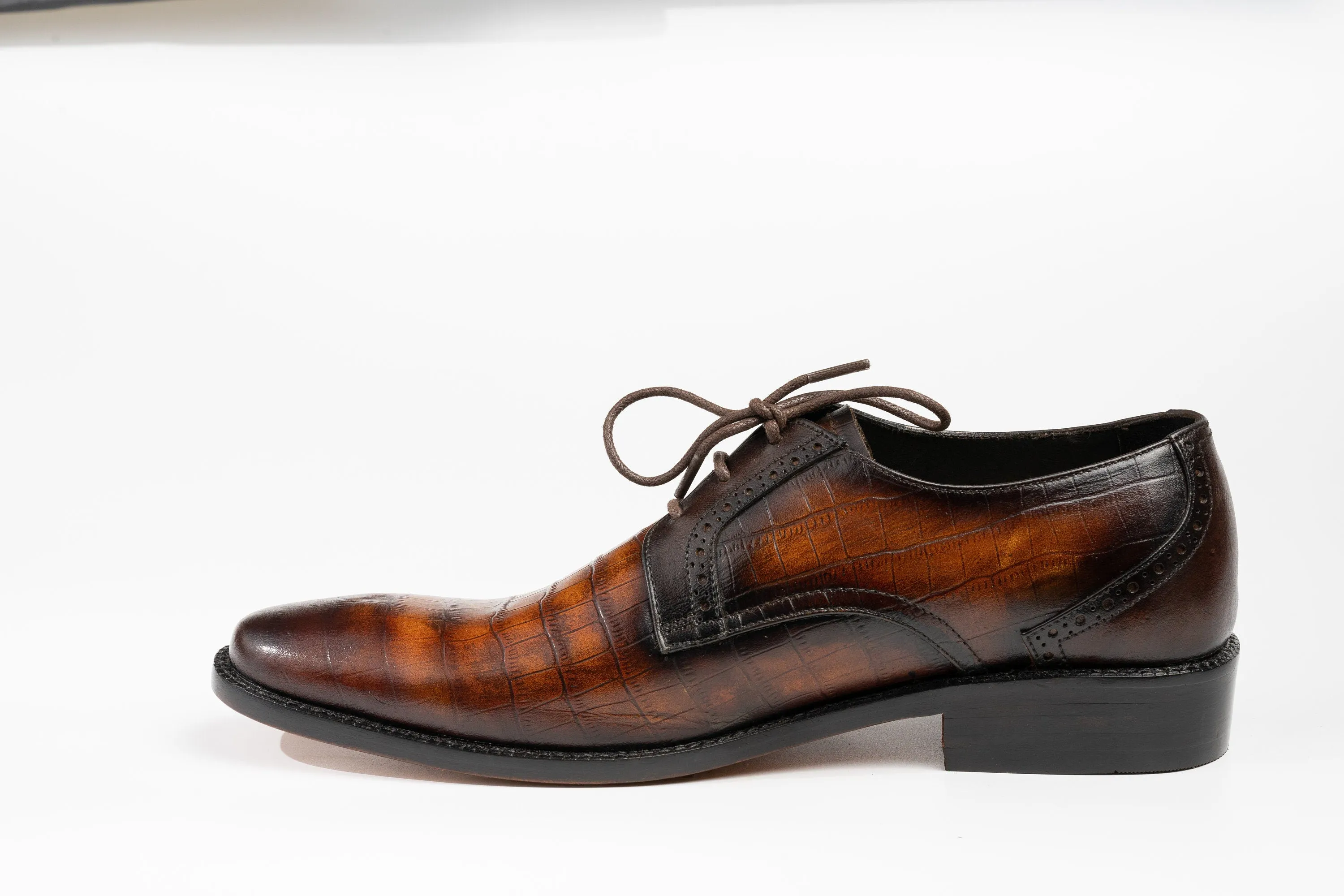 Two Tone Hand Dyed Patina Crocodile Leather Derby Shoes