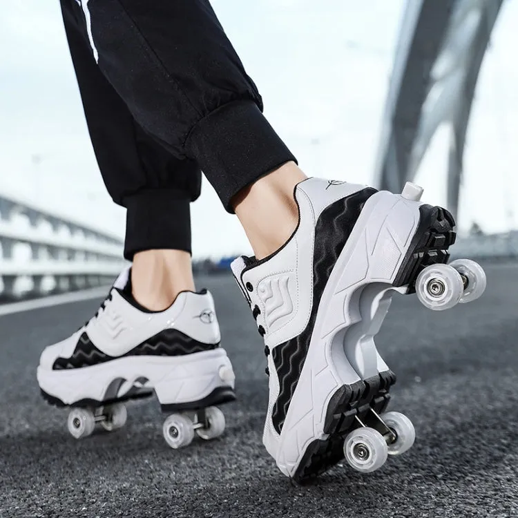 With Brakes Deformable Four-wheel Retractable Double-row Dual-purpose Roller Skates, Size: 38(DF08 White)