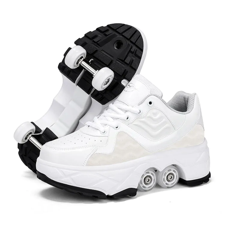 With Brakes Deformable Four-wheel Retractable Double-row Dual-purpose Roller Skates, Size: 38(DF08 White)