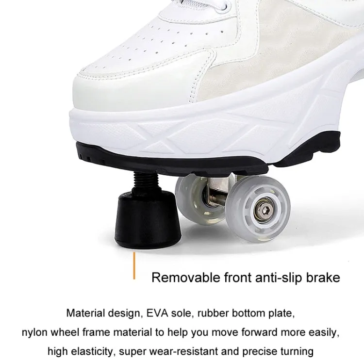 With Brakes Deformable Four-wheel Retractable Double-row Dual-purpose Roller Skates, Size: 38(DF08 White)