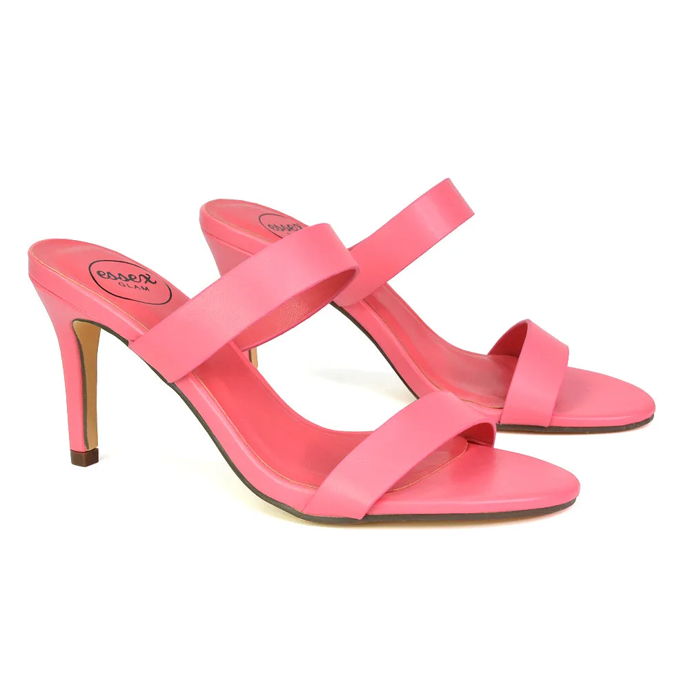 Wolf Round Toe Double Strap Stiletto High Heel Mule Sandals in Shell PInk