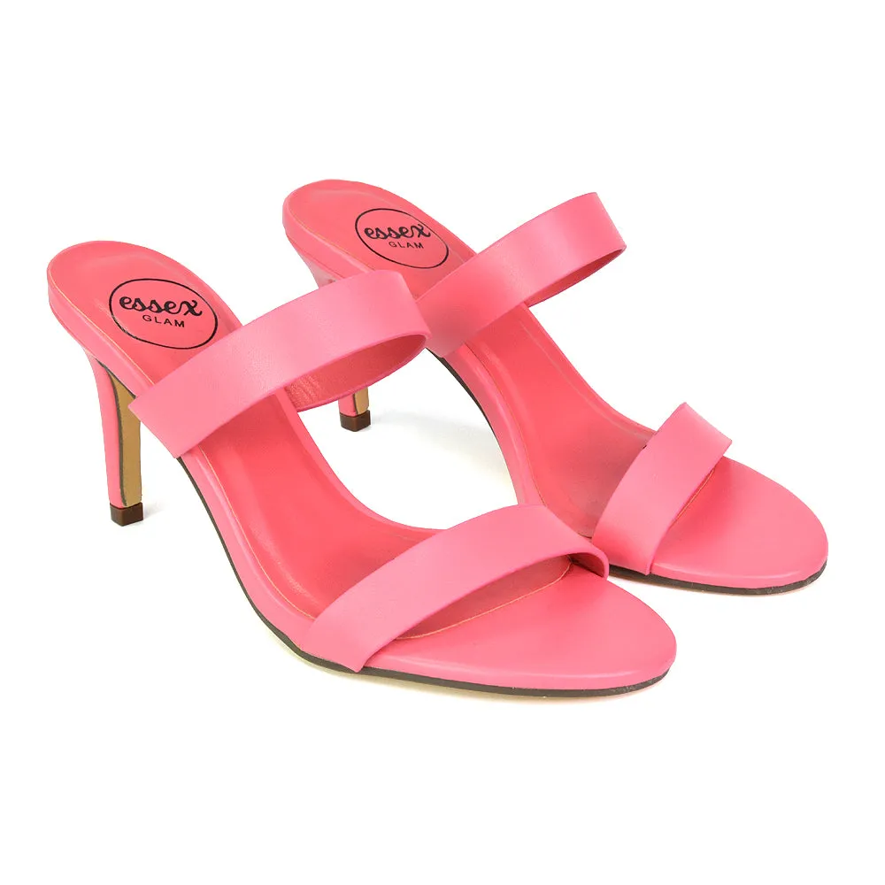 Wolf Round Toe Double Strap Stiletto High Heel Mule Sandals in Shell PInk