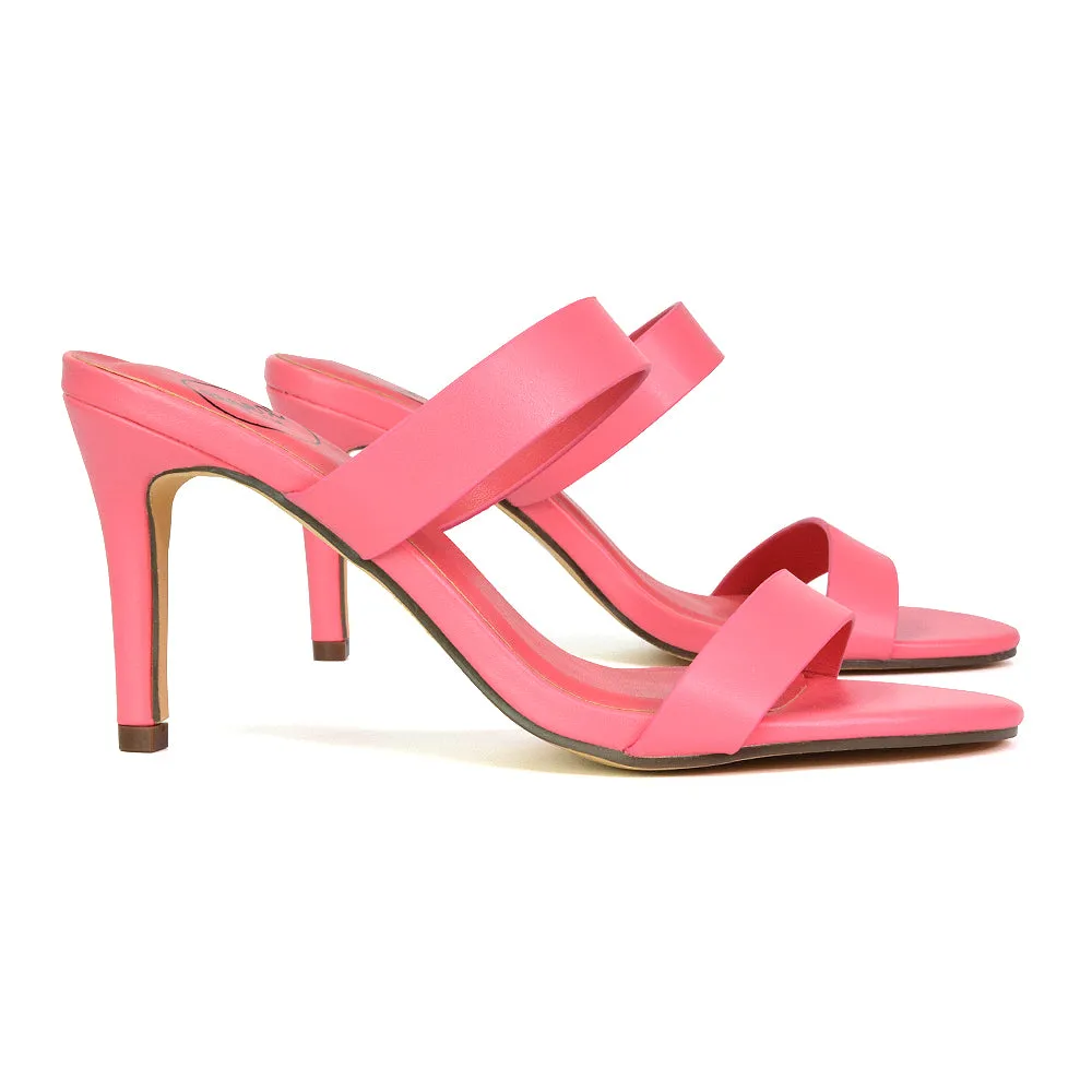 Wolf Round Toe Double Strap Stiletto High Heel Mule Sandals in Shell PInk