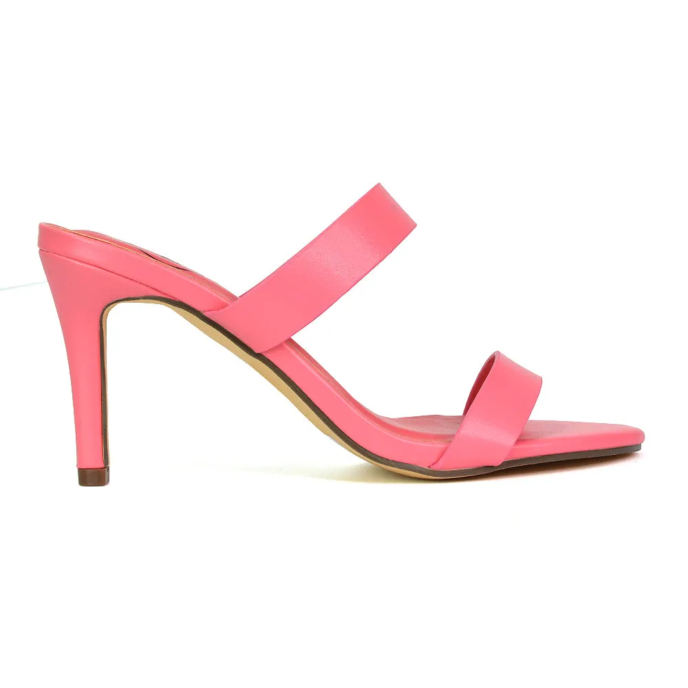 Wolf Round Toe Double Strap Stiletto High Heel Mule Sandals in Shell PInk