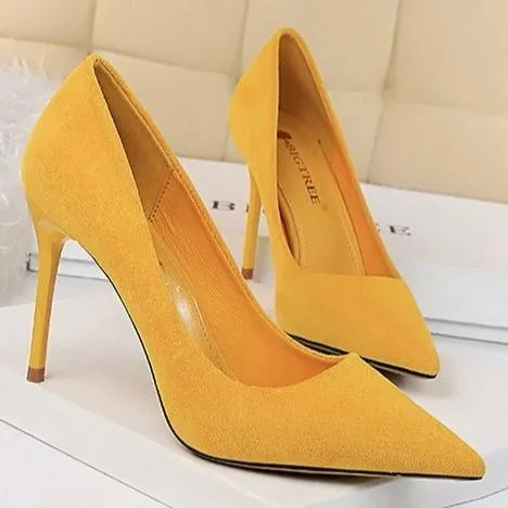 Women 3" pointed toe stiletto yellow heels | closed toe shallow stilettos