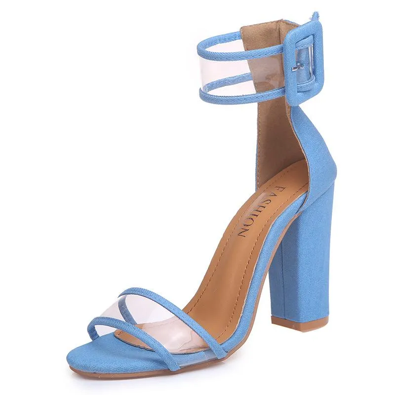 Women clear peep toe buckle strap side cut sandal high heels