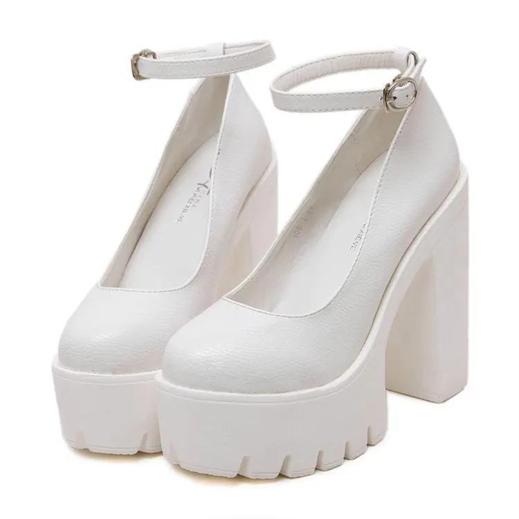 Women closed toe buckle ankle strap chunky platform heels