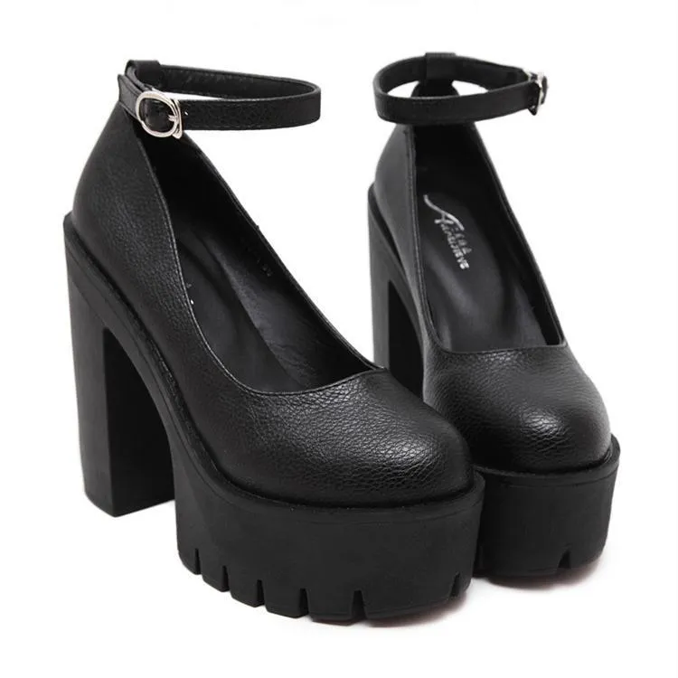 Women closed toe buckle ankle strap chunky platform heels