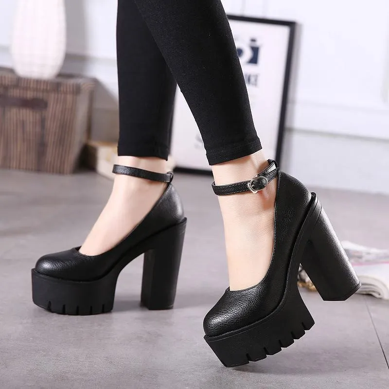 Women closed toe buckle ankle strap chunky platform heels