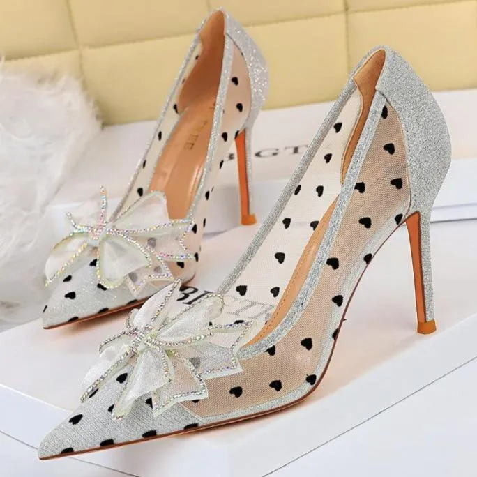 Women cute rhinestone bow pointed toe stiletto heels