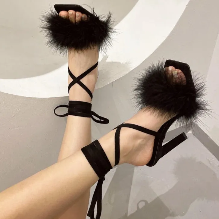 Women fuzzy square toe strappy lace up chunky heels