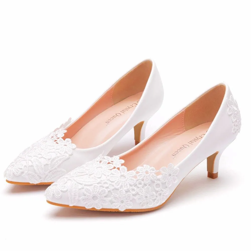 Women kitten white lace flower pointed toe wedding heels