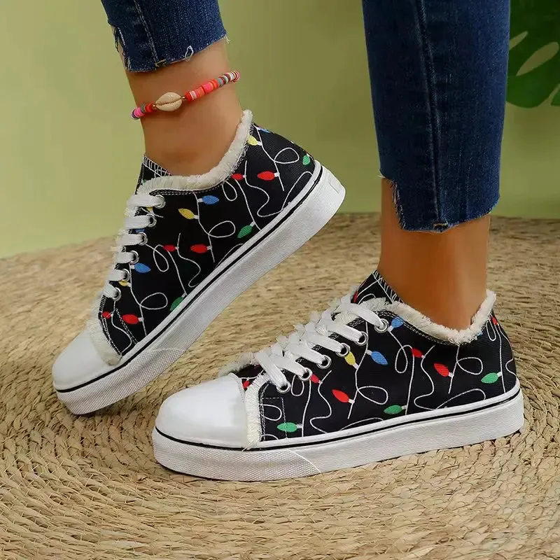 Women's Spring Cartoon Graffiti Casual Canvas Shoes - Fashion Lace-Up Round Toe Lightweight Sneakers