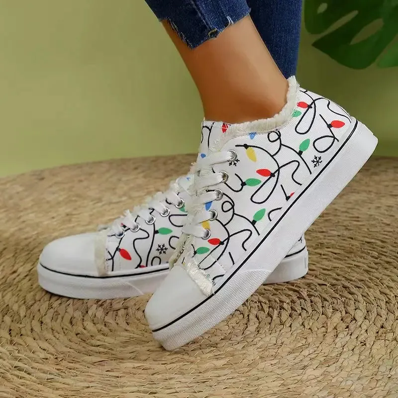 Women's Spring Cartoon Graffiti Casual Canvas Shoes - Fashion Lace-Up Round Toe Lightweight Sneakers