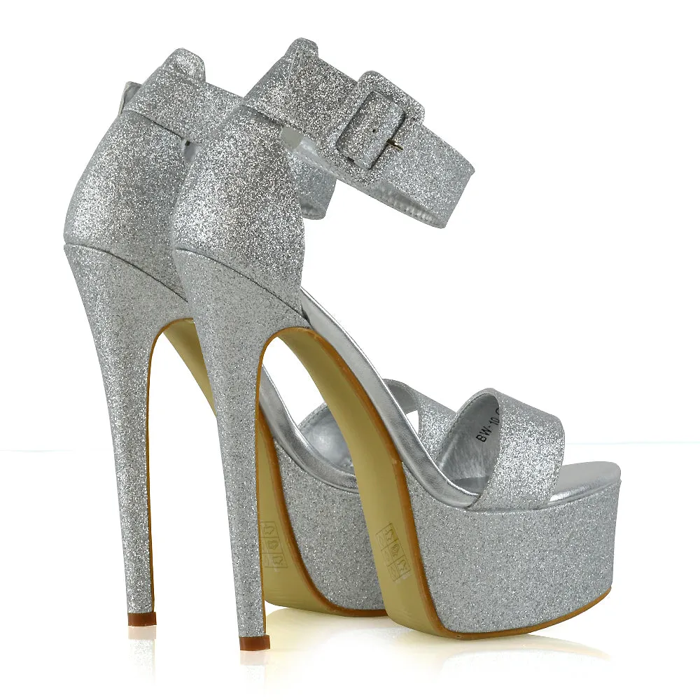 Yasmine Platform Ankle Strap Stiletto High Heel Sandals in Silver Glitter