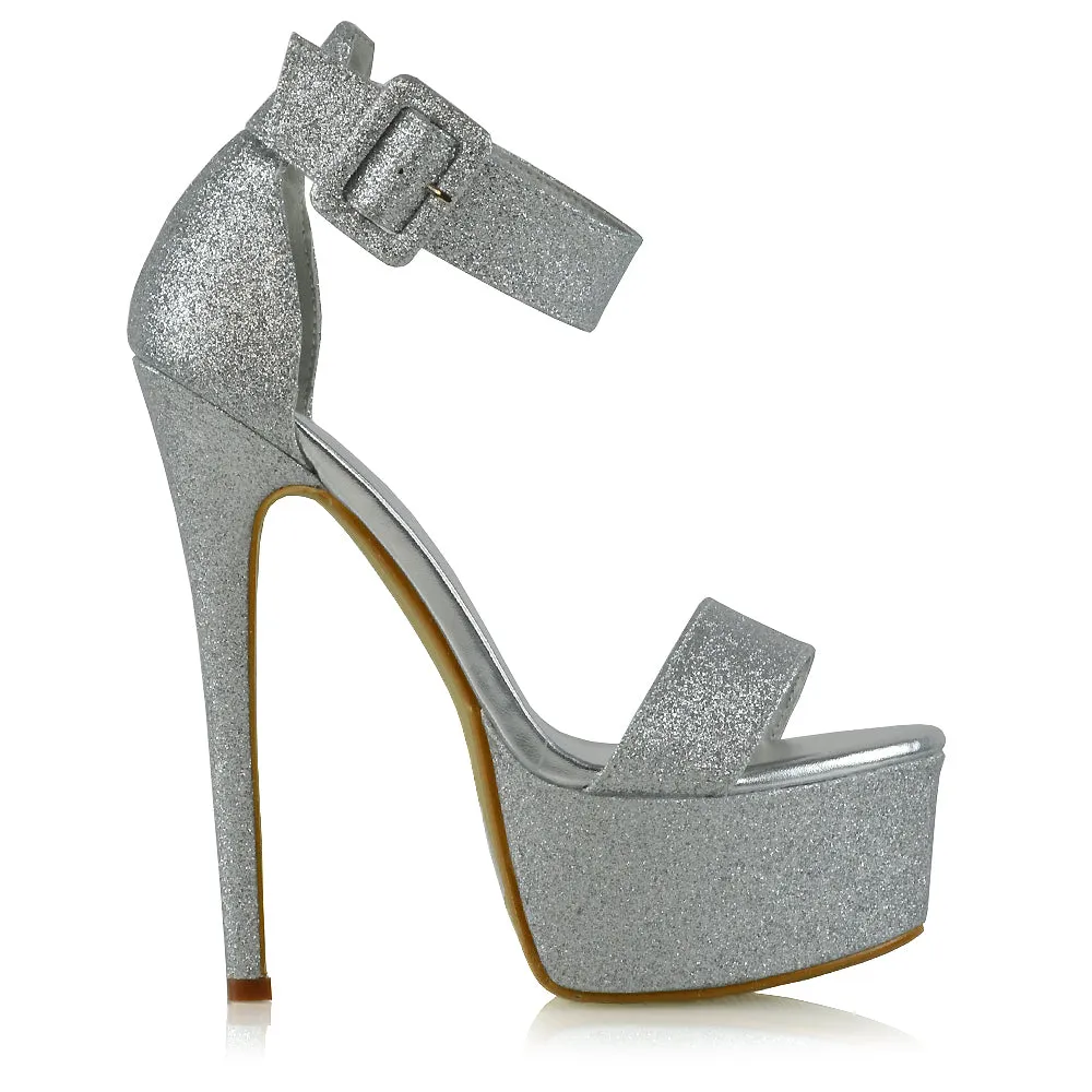 Yasmine Platform Ankle Strap Stiletto High Heel Sandals in Silver Glitter