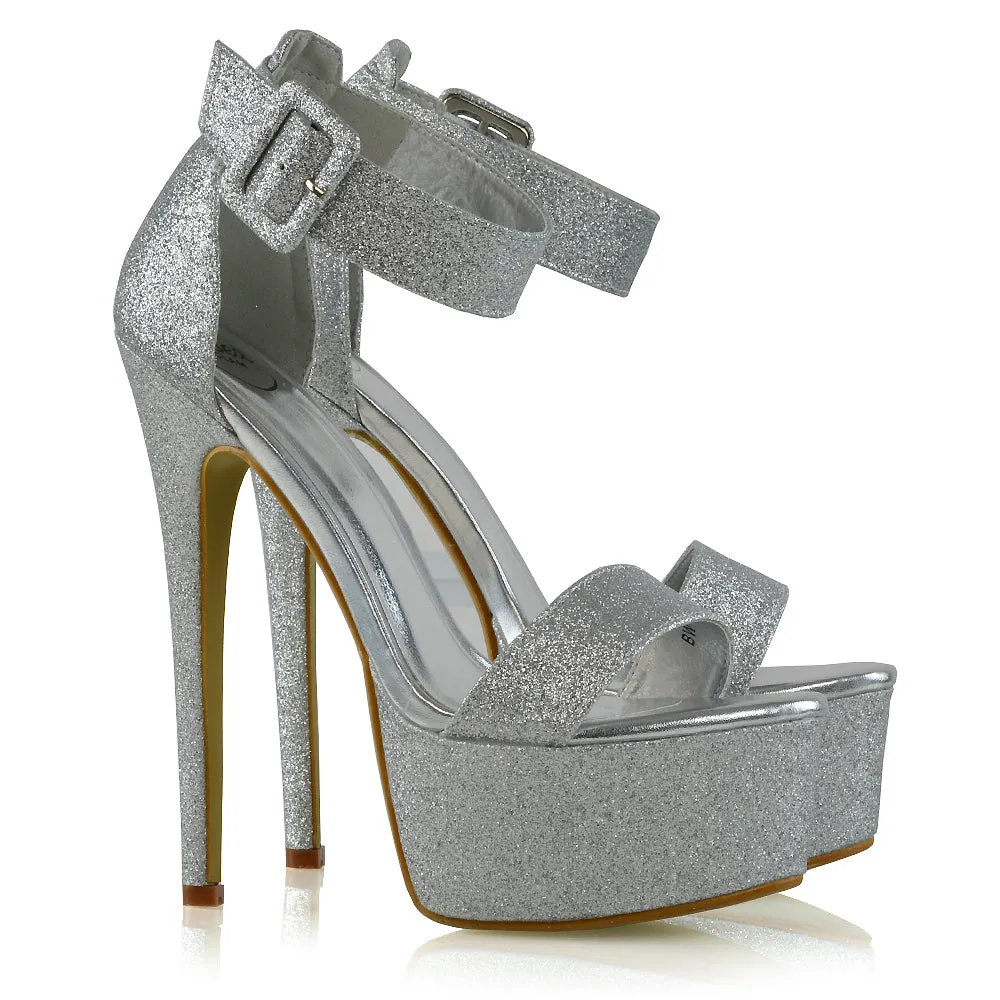 Yasmine Platform Ankle Strap Stiletto High Heel Sandals in Silver Glitter