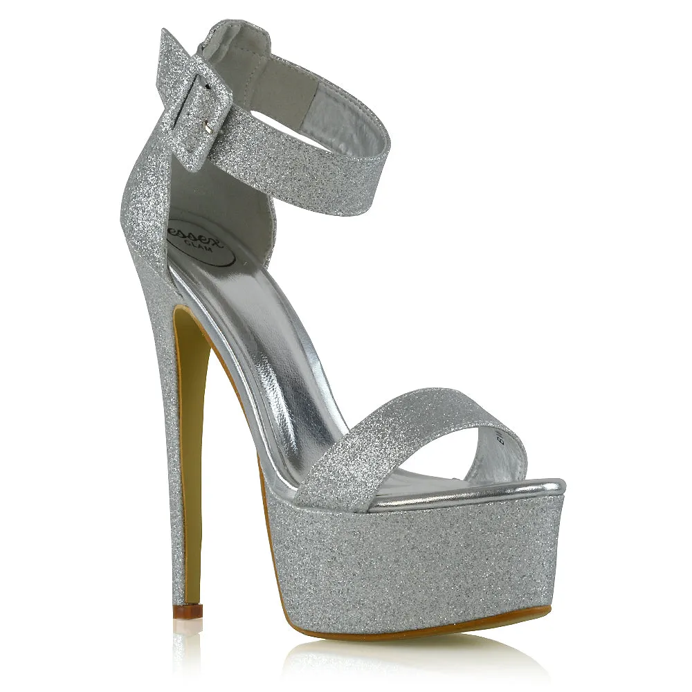 Yasmine Platform Ankle Strap Stiletto High Heel Sandals in Silver Glitter